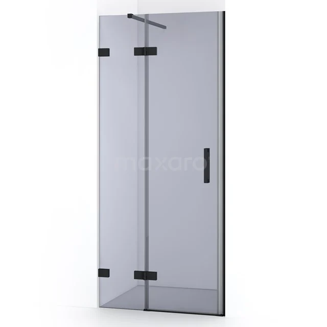 Glas Duschtür mit schwarzem Metall Scharnier und Haltegriff, moderner Badezimmerstil, klares Sicherheitsglas.