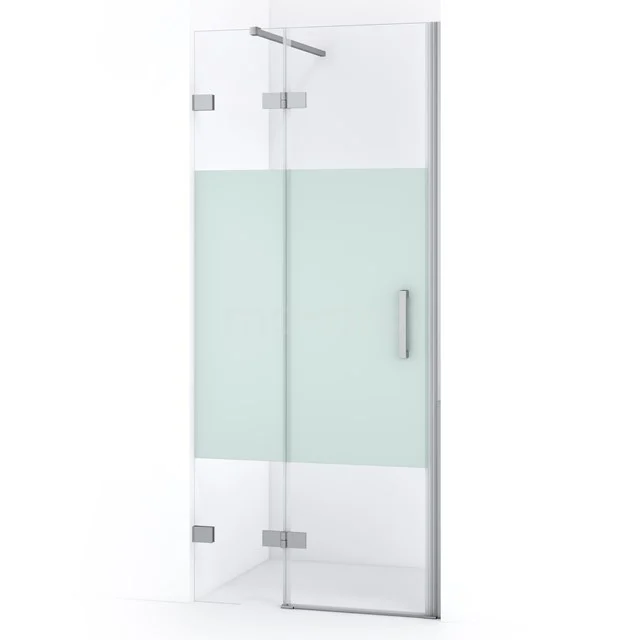 Glasene Duschtür mit mattem Streifen, Scharnierdesign und metallischem Haltegriff, ideal für ein modernes Badezimmer.