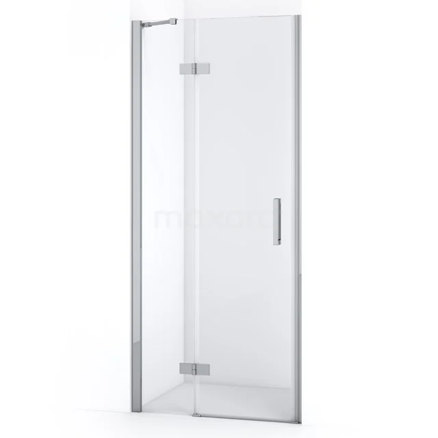 Glasene Duschtür mit verchromtem Rahmen, modernes Design und Scharniere, perfekt für eine stilvolle Badezimmergestaltung.