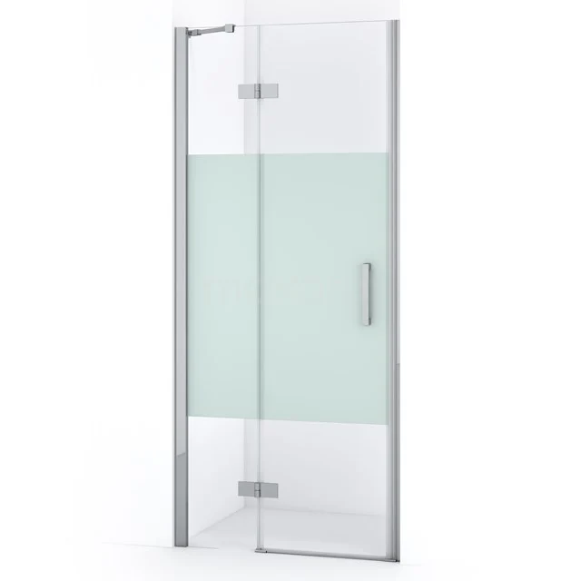 Glas Dusche Tür mit Mattglasstreifen und Metallrahmen, ideal für eine stilvolle Badezimmeranordnung.