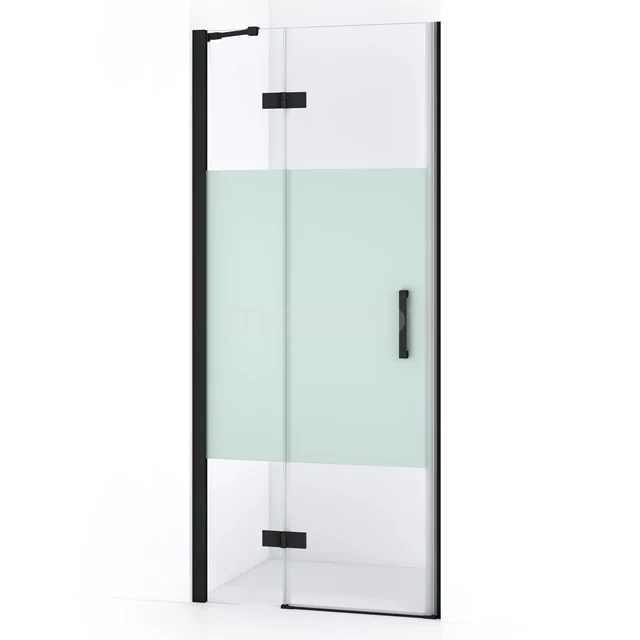Duschtür mit schwarzem Rahmen, Klarglas und mattem Glaselement, modernes Erscheinungsbild, ideal für ein stilvolles Badezimmer.