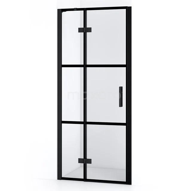 Schwarze Duschtür mit matt schwarzen Profilen, industrielles Design, Klarglas, ideal für moderne Badezimmergestaltung.