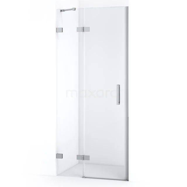 Glas Duschtür mit Scharnieren, Klarglas und metallischem Haltegriff; moderne Badezimmerlösung für ein elegantes Erscheinungsbild.