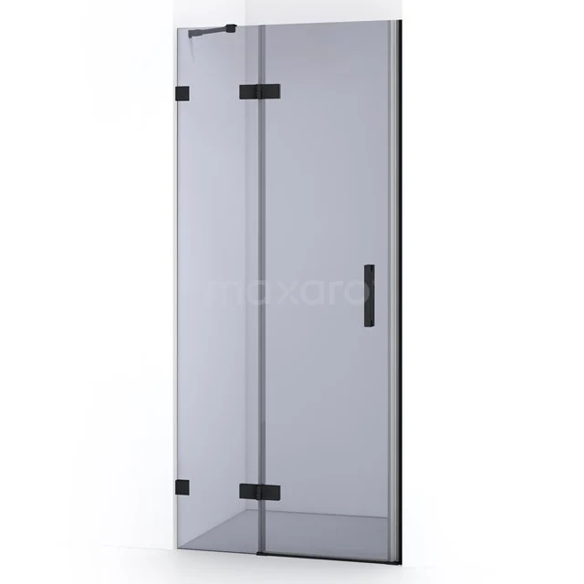 Duschtür aus Klarglas mit schwarzen Scharnieren und Haltegriff, modernes Design für ein stilvolles Badezimmer.