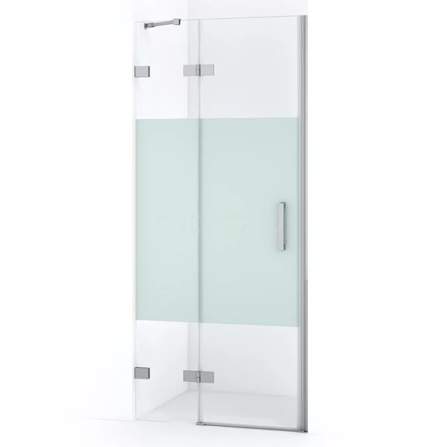 Duschtür aus Klarglas mit mattem Folie, Aluminiumprofile und Drehtür; stilvoll und funktional für jedes Badezimmer.