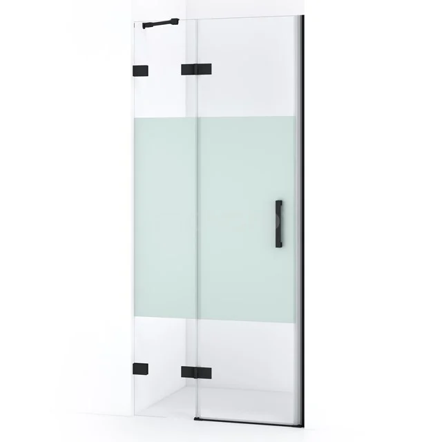 Matte Duschtür mit schwarzen Metallscharnieren und Griff, ideal als stilvolle Ergänzung für moderne Bäder.