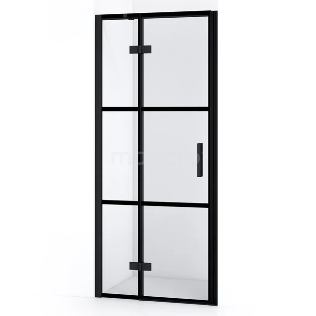 Schwarze Duschtür mit industriellem Design, Klarglas und mattem Rahmen, perfekt für einen modernen Badezimmerstil.