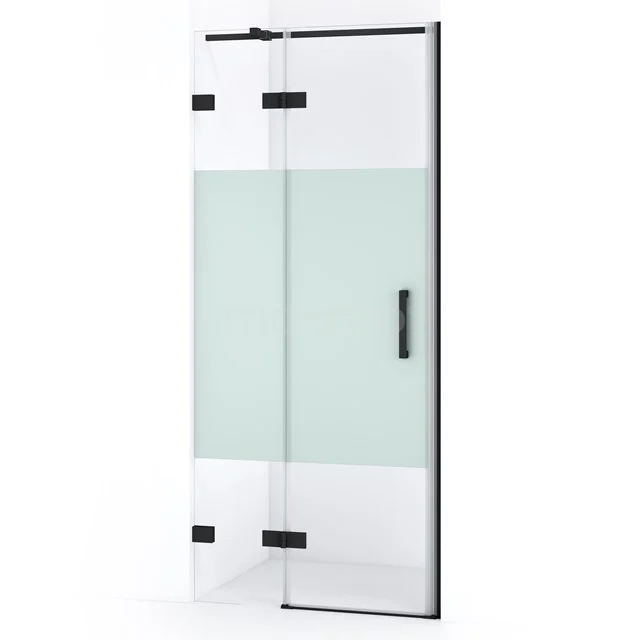 Duschtür mit Mattglasstreifen, schwarzem Rahmen und Scharnieren, ideal für einen modernen Badezimmerstil.