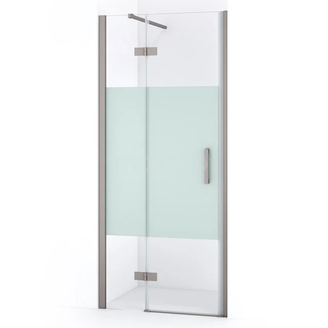 Glasdouchedeur mit Mattglasstreifen, metallischem Haltegriff und Aluminiumprofil, ideal für einen modernen Badezimmerstil.