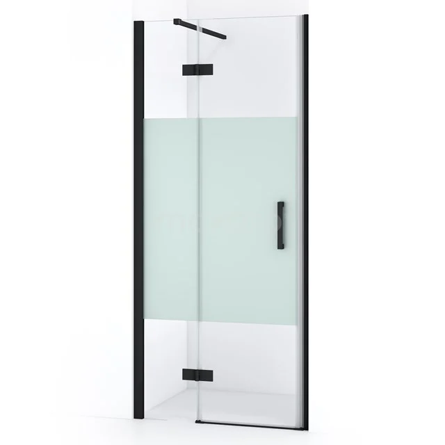 Duschkabine mit Schwarz Rahmen, Glas Tür und Mattglas für Privatsphäre; moderne Badezimmerstil mit minimalistischem Design.