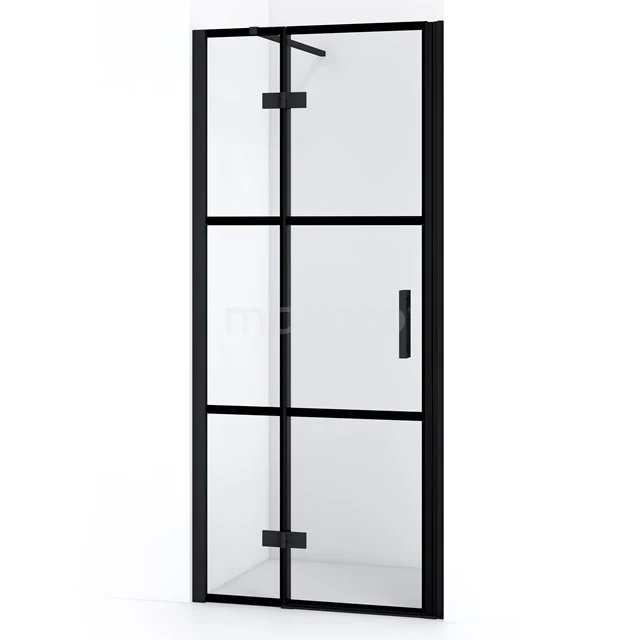 Schwarze Stahl-Duschtür mit Glasplatten, mattes Profil, industrieller Stil, perfekt für ein modernes Badezimmer.