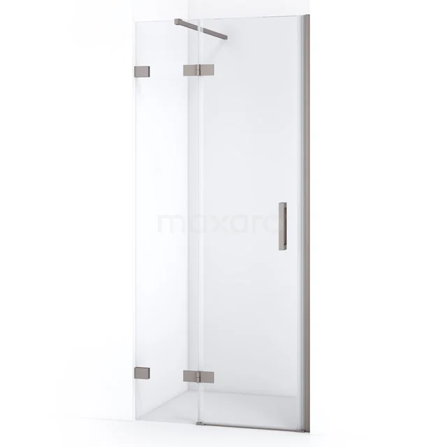 Glas Duschtür mit Klarglas und metallischen Scharnieren, ideal für eine moderne Badezimmergestaltung.