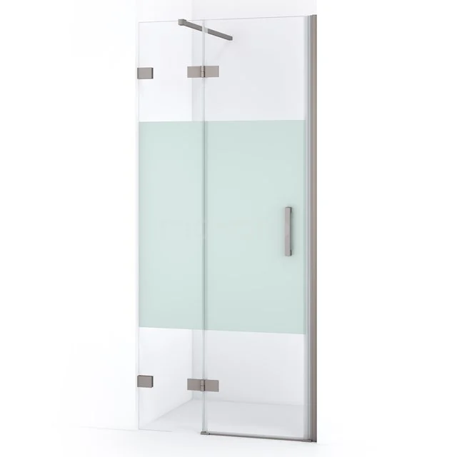 Glazen douchewand met hoekdeur, matglasdetail en roestvrijstalen scharnieren, ideaal voor moderne badkamers.
