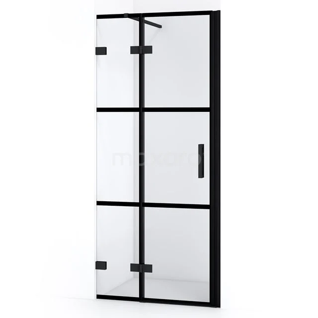 Duschtür mit schwarzem Metallrahmen, industrieller Stil, Klarglas, ideal für moderne Bäder.