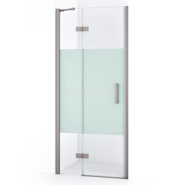 Glasdusche mit Mattfolie, Scharnieren und Haltegriff aus Edelstahl; ideal für ein modernes Badezimmer.