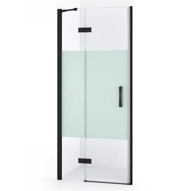 Duschtür aus Klarglas mit Matt Schwarz Rahmen, Drehmechanismus und mattem Sichtschutzbereich, perfekt für moderne Bäder.
