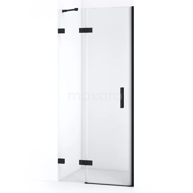 Glasene Duschtür mit schwarzen Metallscharnieren und Haltegriff, elegantes Design für ein modernes Badezimmer.