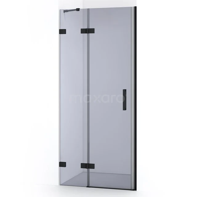 Duschtür mit Klarglas, schwarzen Scharnieren und Haltegriff, moderner Badezimmerstil, geeignet für begehbare Duschen.