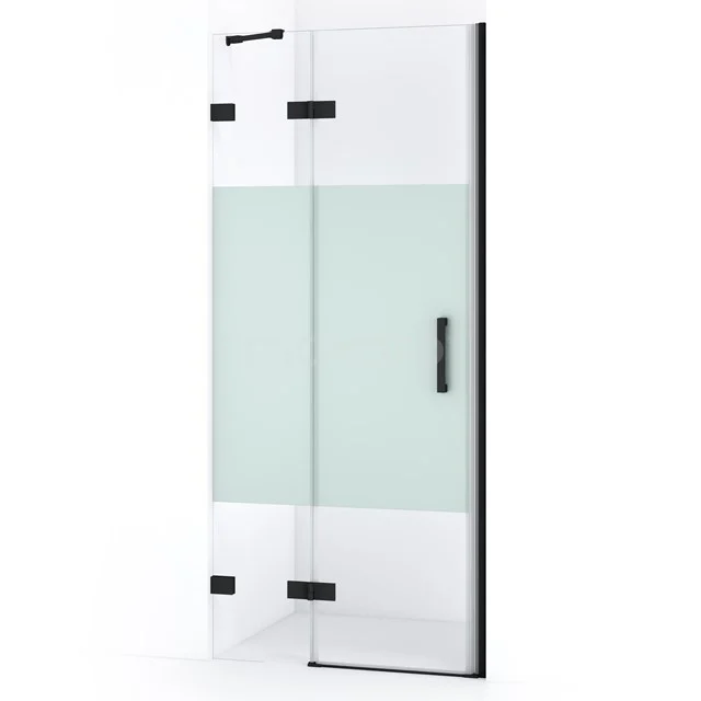 Duschtür mit Schiebeelement, mattes Glas und schwarzen Akzenten, ideal für moderne Bäder.