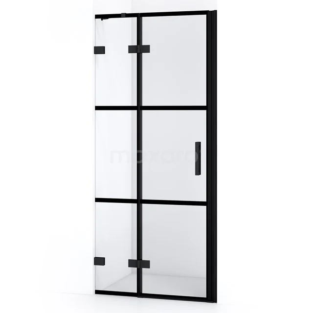 Schwarze industrielle Duschtür mit Klarglas, Stahlrahmen und modernem Design, perfekt für ein stilvolles Badezimmer.