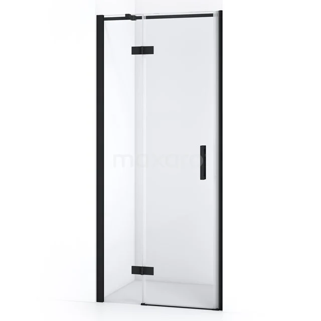 Duschtür mit schmalem schwarzen Rahmen, Klarglas und integriertem Haltegriff; modernes Design für jedes Badezimmer.