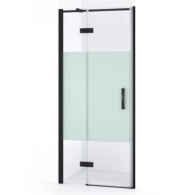 Duschtür mit schwarzem Rahmen, Klarglas und mattem Streifen, ideal für moderne Bäder.