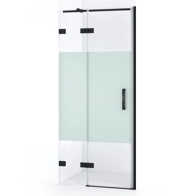 Duschtür Diamond 80cm aus klarem Sicherheitsglas mit mattem Streifen Matt Schwarz DDB21352323MB Duschtür mit schwarzem Rahmen, klarem und mattglas, faltbares Design, ideal für stilvolle und platzsparende Bäder.