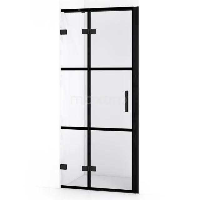 Schwarze industrielle Duschtür mit Glas und mattschwarzem Rahmen, perfekt für eine moderne Badezimmergestaltung.