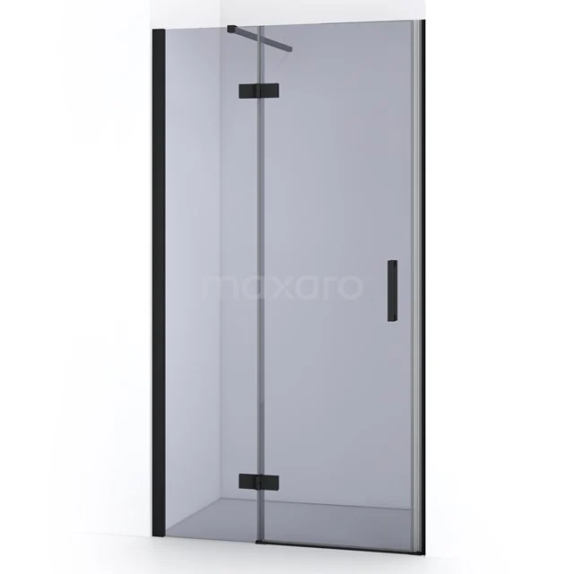 Moderne Glastür für die Dusche mit schwarzen Metallelementen, verstellbarem Scharnier und robustem Griff; ideal für ein stilvolles Badezimmer.