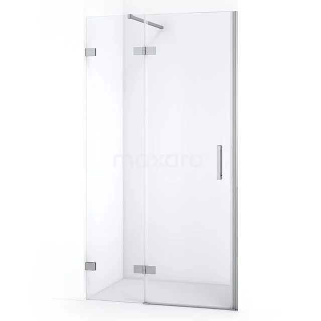 Strakke Glastür mit chromatischen Scharnieren, perfekt für einen modernen Badezimmerstil.