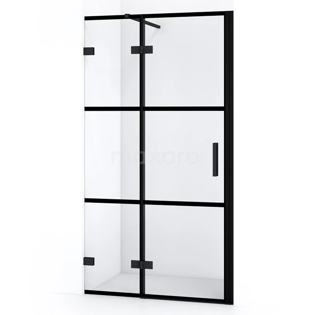 Diamond Shower door | 90 cm Matte black Clear with 4 black stripes Pivot door DDB21451128MB Matte black industrial shower door with frosted glass and metal lattice design, ideal for a modern bathroom style.
