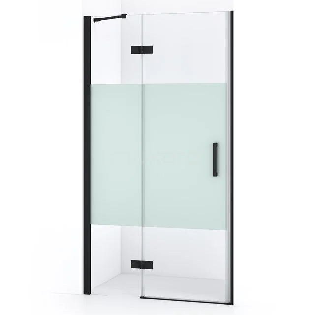 Black shower door with clear and frosted glass, minimalist design, ideal for a modern bathroom.