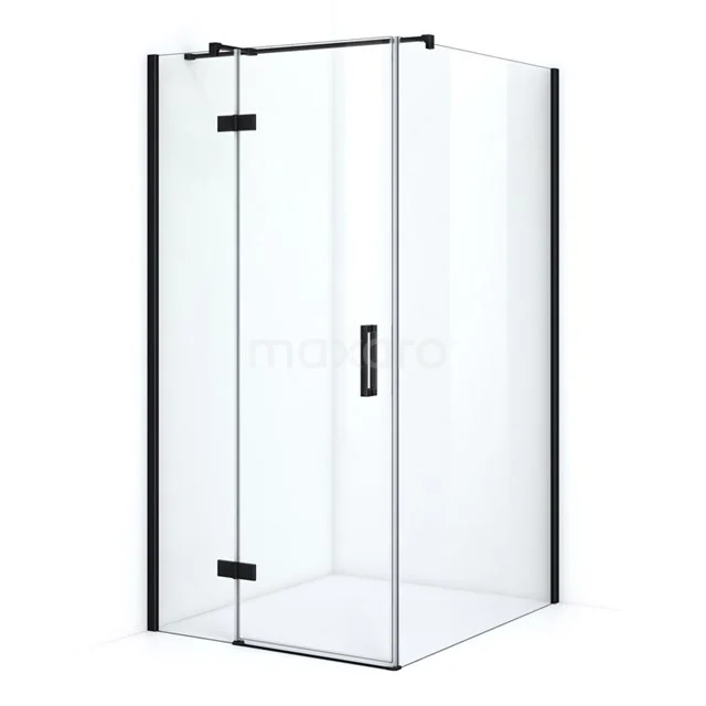 Corner shower cabin with black profile, clear glass and sleek design, ideal for a modern bathroom.