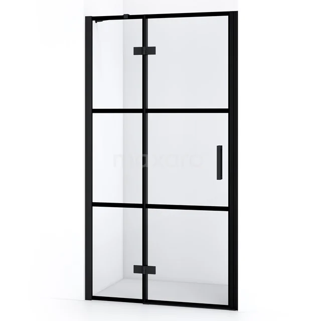Industrial shower door with matt black frame and clear glass, ideal as a modern bathroom solution for a sleek style.