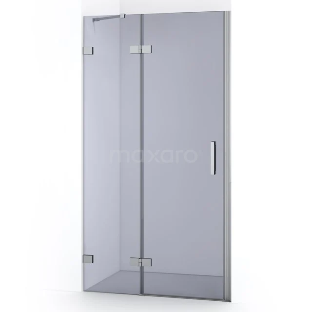 Glass shower door with chrome hinges, clear glass, modern design, ideal for a stylish bathroom upgrade.