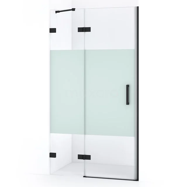 Shower door with frosted glass, black frame, pivot door and side panel, ideal for a modern bathroom.
