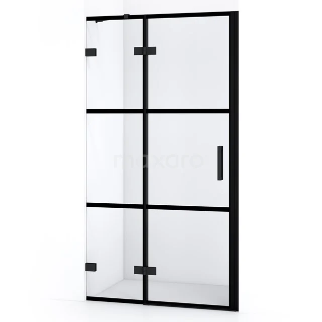 Schwarze industrielle Duschtür mit Glas, Stahlrahmen und Scharnieren, ideal als modernes Blickfang im Badezimmer.