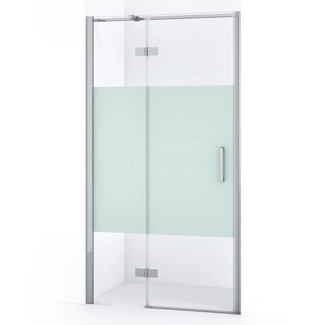 Glass shower door with frosted privacy panel, silver frame, ideal for stylish and modern bathroom design.