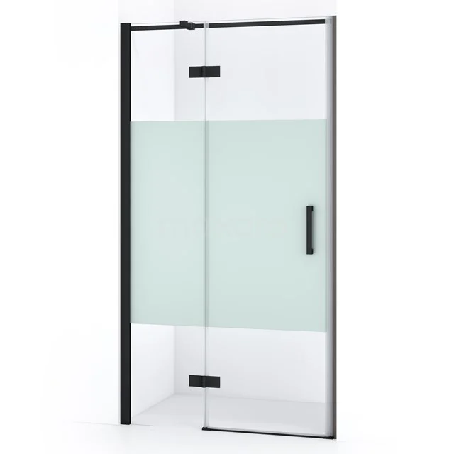 Diamond Shower door | 90 cm Matte black Clear with matt strip Pivot door DDB21451313MB Shower door with black frame, frosted glass panel and sliding mechanism, ideal for modern bathroom design.