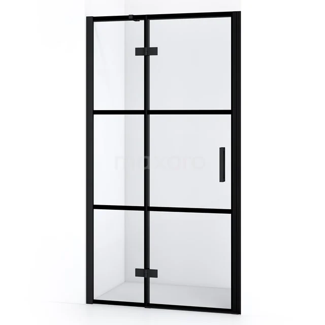 Schwarze industrielle Duschtür mit Klarglas und Metallrahmen, ideal für einen modernen Badezimmerstil.