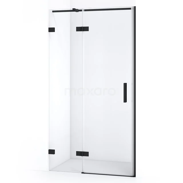 Glasene Duschtür mit schwarzem Metallrahmen, minimalistisches Design, Teil eines modernen Badezimmers.