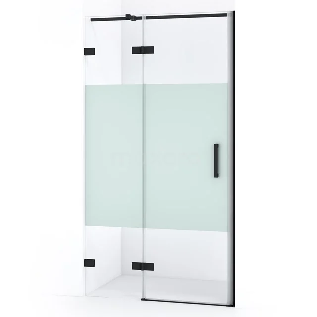 Glasene Duschwand mit mattem Segment, schwarzem Metallprofil, Schiebetürdesign; stilvolle Ergänzung zu modernen Bädern.