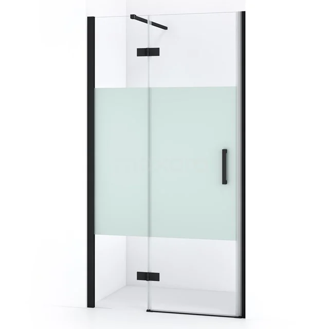 Matte Glas Duschtür mit schwarzem Rahmen, minimalistisches Design, perfekt für ein modernes Badezimmer.