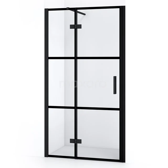 Matt schwarze Duschtür mit industriellem Rasterdesign, Klarglas und Metallrahmen, ideal für einen modernen Badezimmerstil.