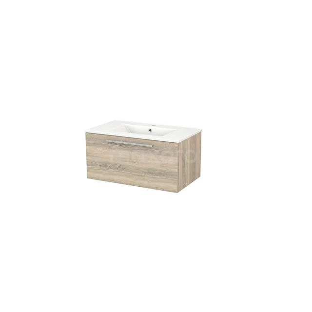 Wooden bathroom unit with basin, light oak finish, compact design, ideal for modern bathrooms.