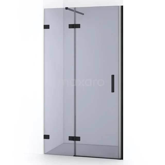 Glasene Duschtür mit mattschwarzem Rahmen, Drehtürdesign, geeignet für moderne Badezimmergestaltung.