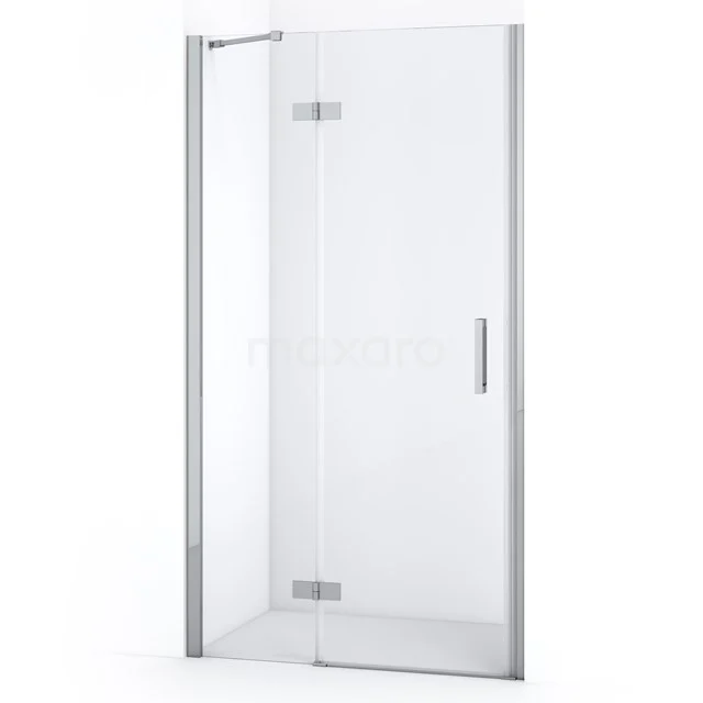 Glass shower door with silver frame and handle, ideal for modern bathrooms. Clear safety glass, sleek and minimalist design.