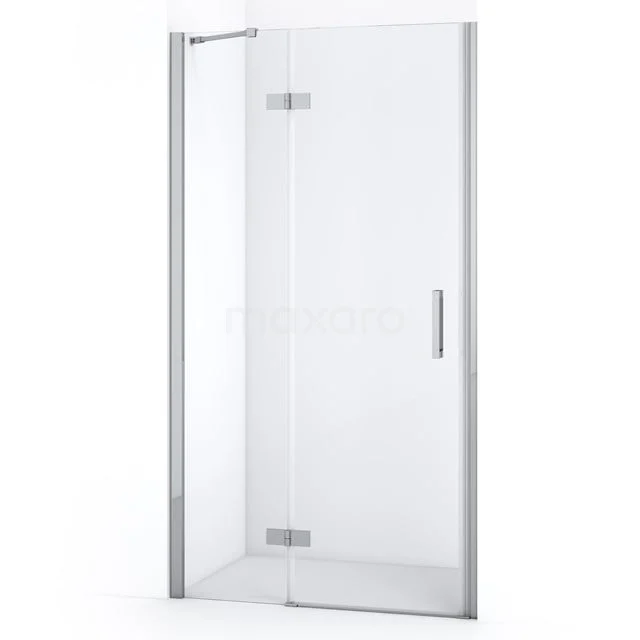 Glas Duschtür mit silbernem Rahmen und Haltegriff, ideal für moderne Bäder. Klarsicht Sicherheitsglas, straff und minimalistisches Design.