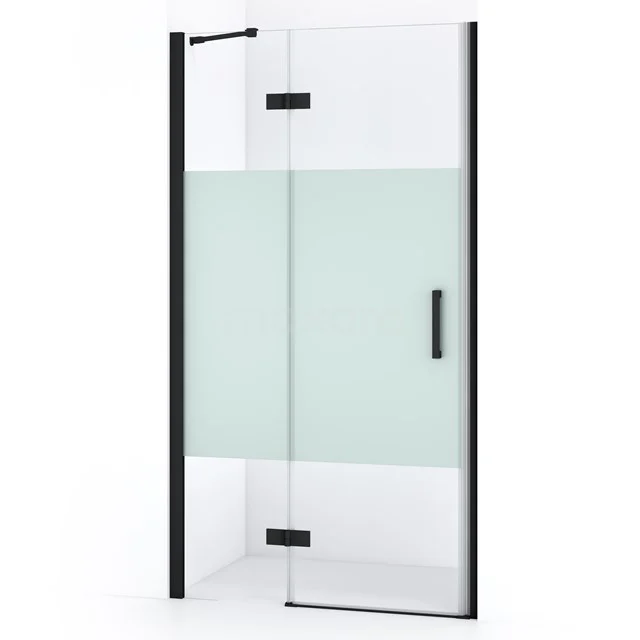 Duschtür mit schwarzem Rahmen, satiniertem Glasdetail und Schiebefunktion, perfekt für einen modernen Badezimmerstil.