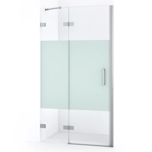 Glasene Duschtür mit mattem Glasstreifen, Drehmechanismus, Edelstahl Scharniere und Haltegriff, perfekt für ein modernes Badezimmer.